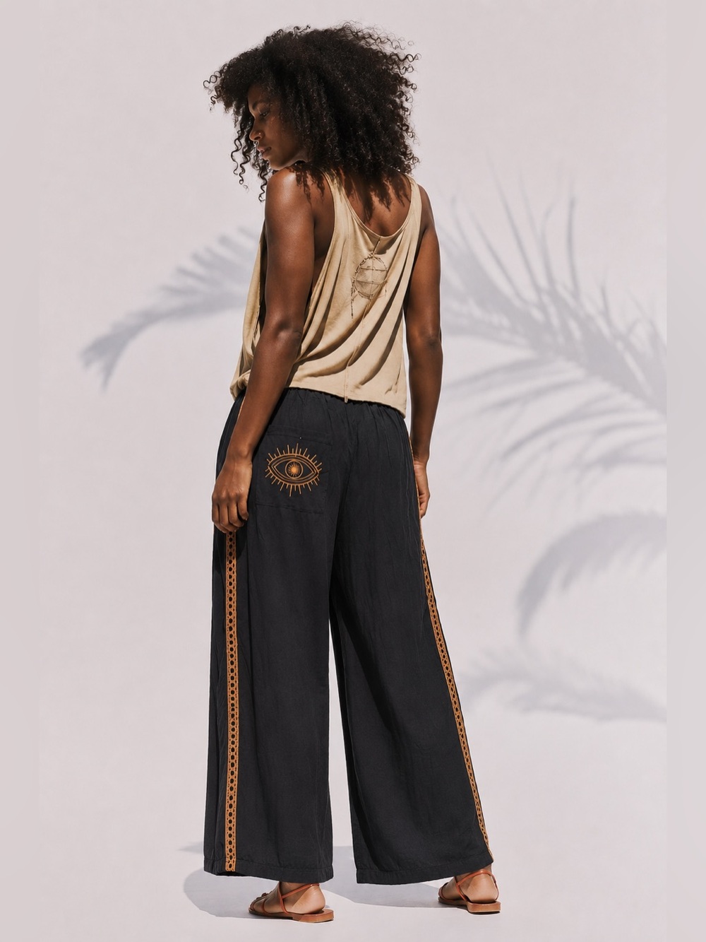 New Evil Eye Boho Wide Leg Pants In Black & Tan Combo